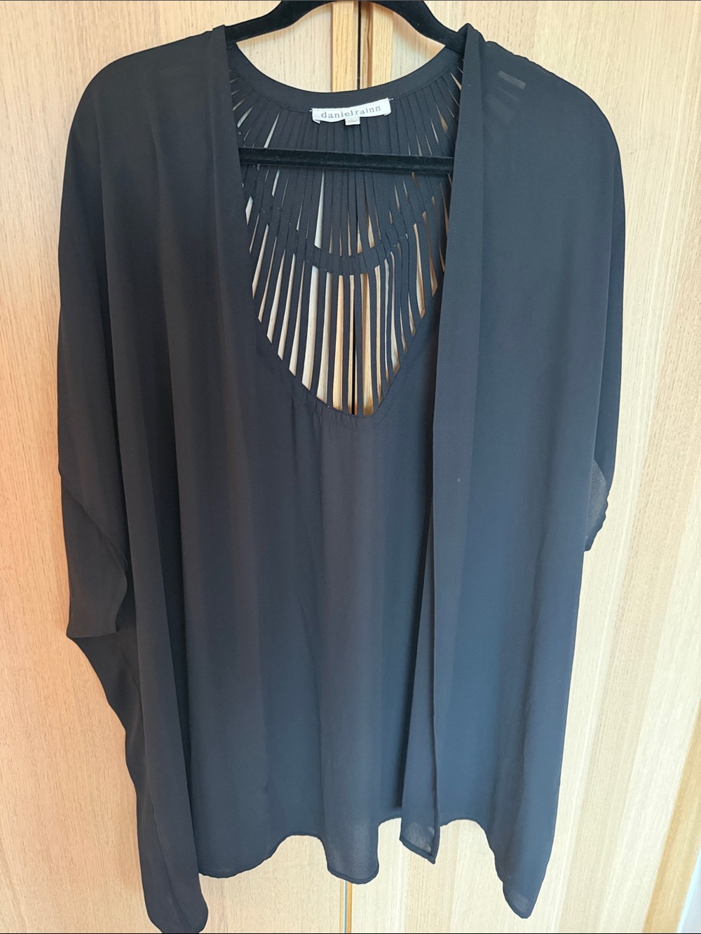 Daniel Rainn Black Sheer Fringe-Back Tunic Top